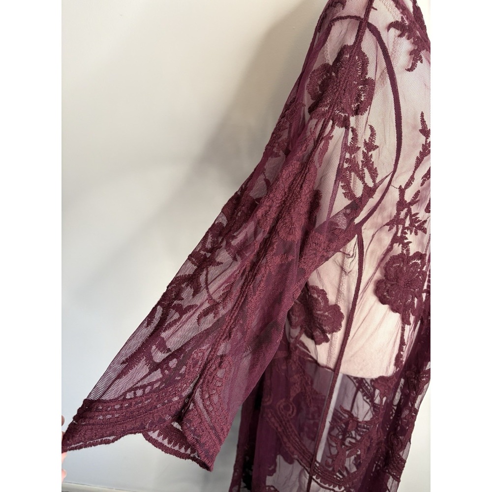 Open Cardigan Lace Kimono Sz Large Wine Sheer Layering Boho Romantic Fairy - Picture 2 of 9